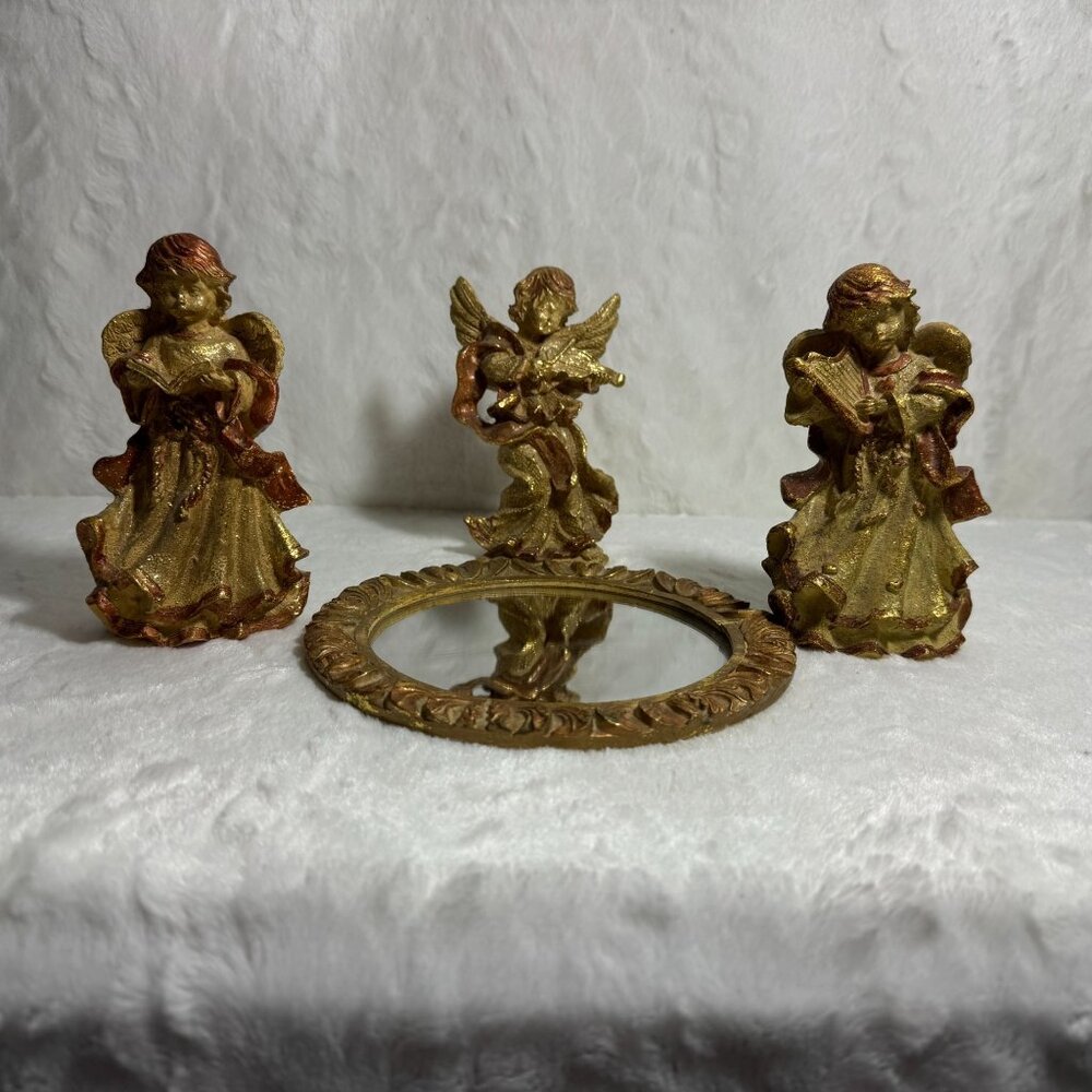 Angel Figurine Trio & Ornate Mirror Set Art Nouveau